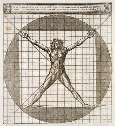 Ihanteelliset mittasuhteet, jotka paljastettiin perustuvan ihmiskehoon, Marcus Vitruvius Pollion teoksesta "The Architecture of the Book of Dece, käännetty latinasta latinaksi Vulgare", kääntänyt Cesare Cesariano, publis tekijältä Cesare di Lorenzo Cesariano